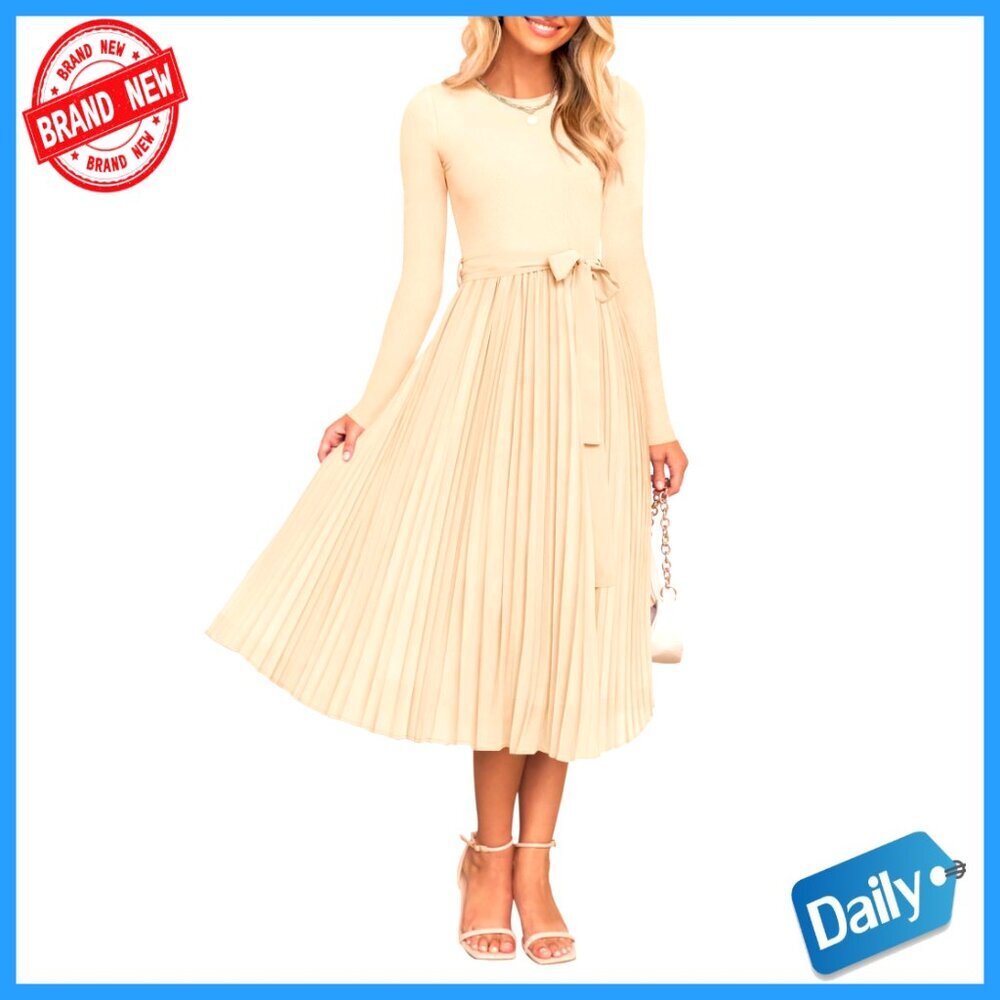 Long Sleeve Midi Dress, Knit Top, Pleated Skirt, High Waist, Belted, A-Line